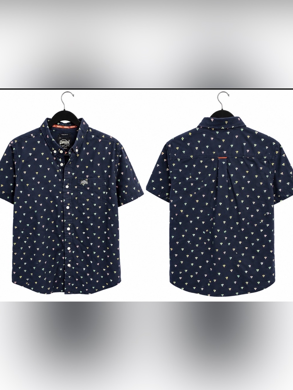 Vintage Superdry Navy Short-Sleeve Button-Down Shirt with Tiny Multicolor Icons